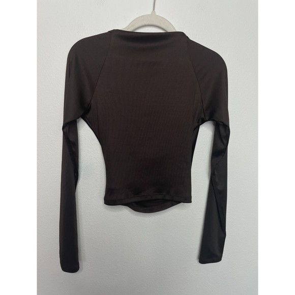 Open Edit Small Surplice Neck Ribbed Faux Wrap Crop Top Brown Long Sleeve - Picture 9 of 9